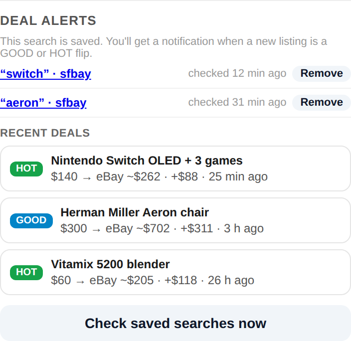 FlipScore deal alerts with a notification for a HOT flip