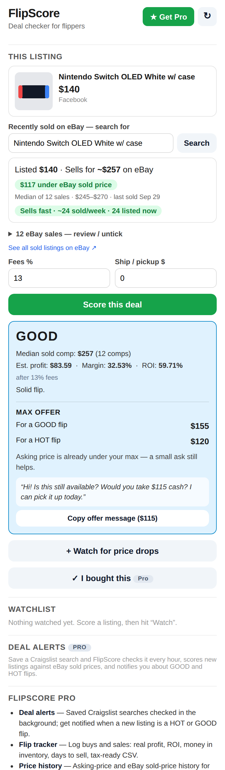 FlipScore side panel grading a Nintendo Switch listing as a GOOD flip